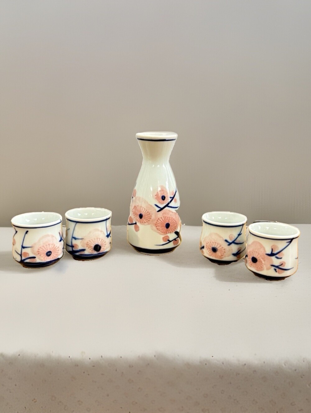 Vintage Collectible Japanese Porcelain Plum Blossom Sake Set of 5 1970s